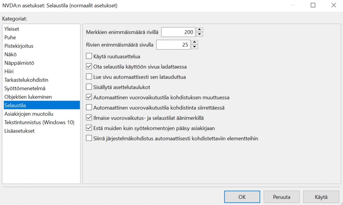 Kuvakaappaus NVDA:n selaustilan asetuksista.