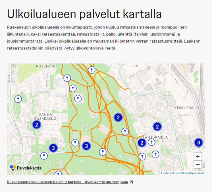 Kuvankaappaus: Sivulle upotettu ulkoilualueen palvelukartta. Ulkoilualueen palvelut ollaan lueteltu karttaupotuksen yläpuolelle. 